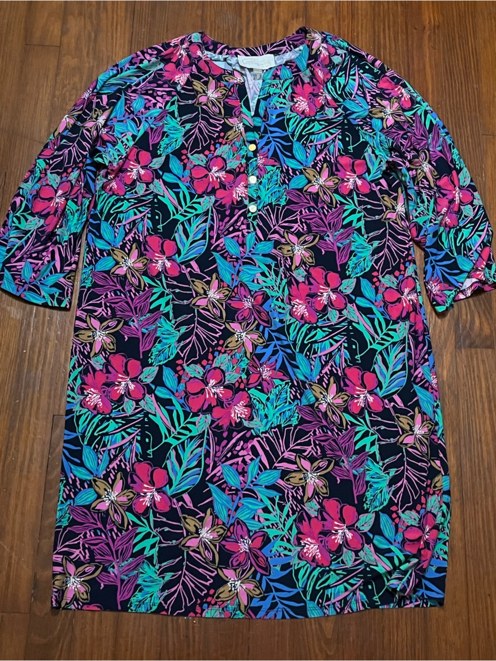 Pappagallo Black Floral Mini Dress with Pink, Teal & Blue Print